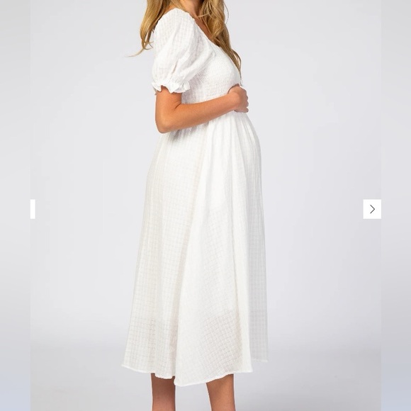 White Smocked Puff Sleeve Maternity Midi Dress (S) - Picture 2 of 8